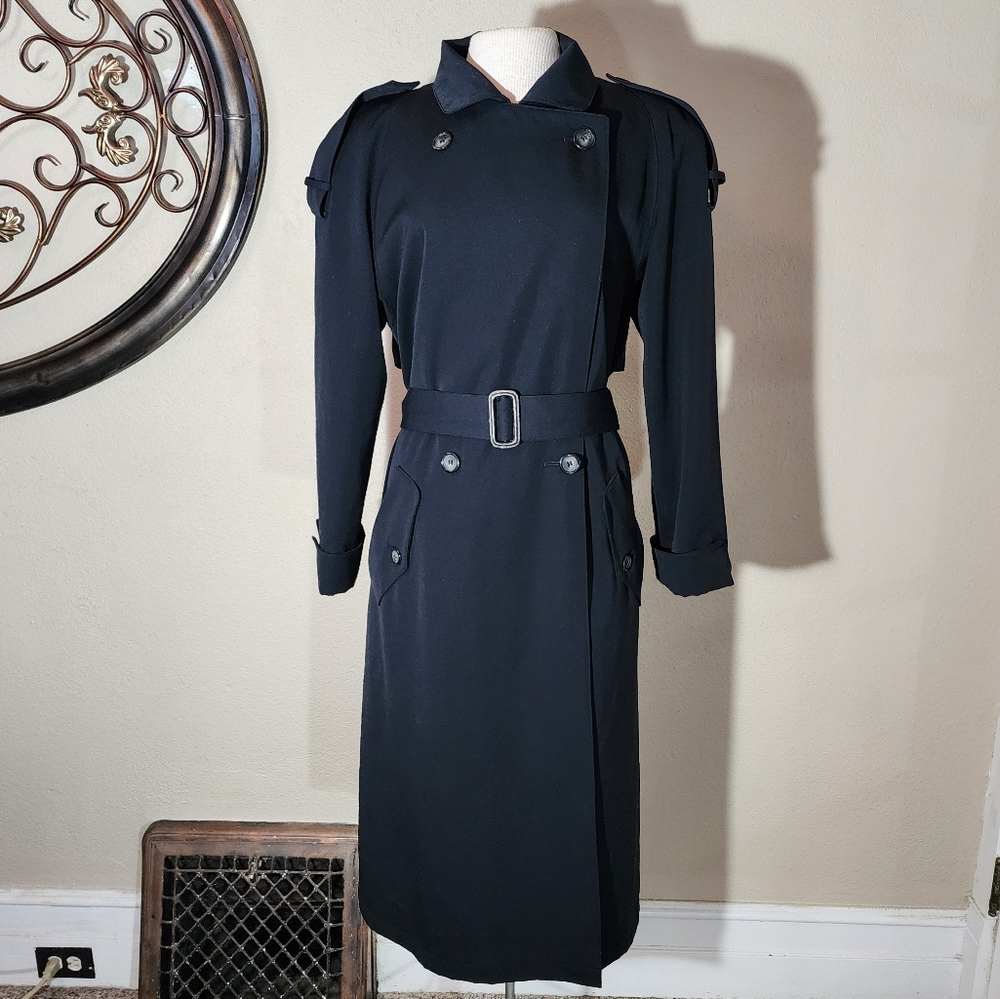 Evan-Picone Coat Double Breasted 100% Wool Trench Black Size L - Picture 5 of 16